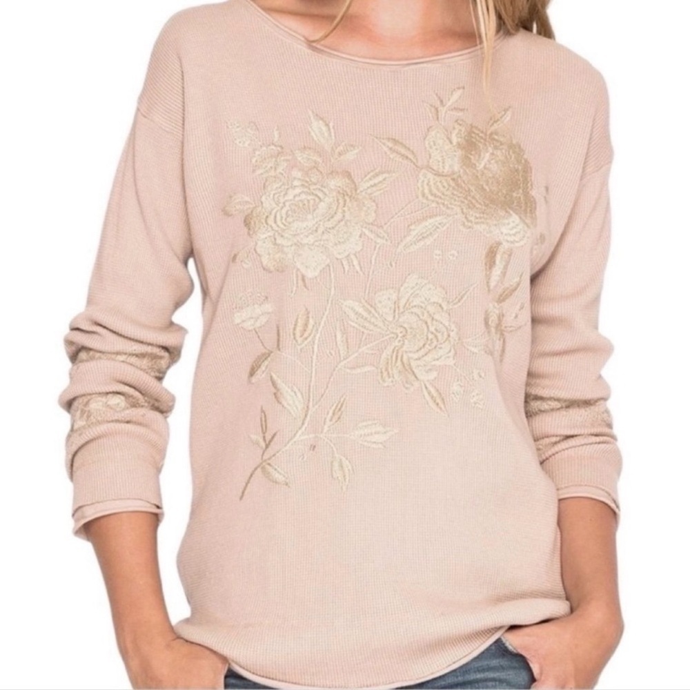 JOHNNY WAS Zosia Pink Embroidered Waffle Knit Round Neck Sweater Sweatshirt
